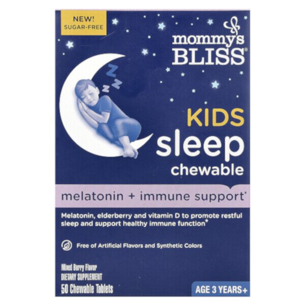 Kids Sleep Chewable,  Melatonin + Immune Support, Age 3 Years+, Mixed Berry, 50 Chewable Tablets Mommy's Bliss