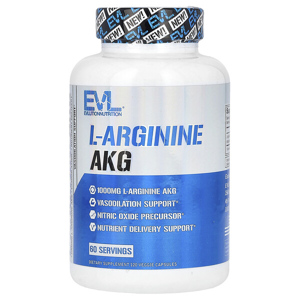 L-Arginine AKG, 1,000 mg, 120 Veggie Capsules (500 mg per Capsule) EVLution Nutrition