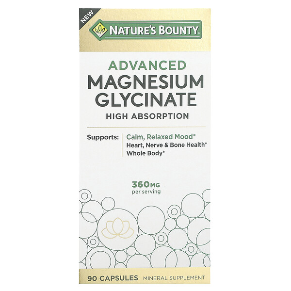 Advanced Magnesium Glycinate, High Absorption, 360 mg, 90 Capsules (120 mg per Capsule) Nature's Bounty