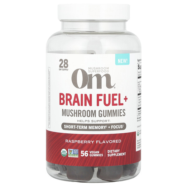 Brain Fuel+ Mushroom Gummies, Raspberry , 56 Vegan Gummies Om Mushrooms