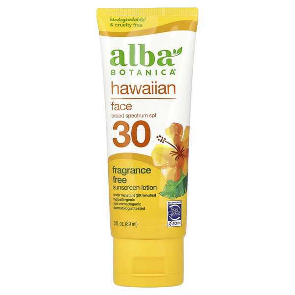 Hawaiian Face Sunscreen Lotion, SPF 30, Fragrance Free, 3 fl oz (89 ml) Alba