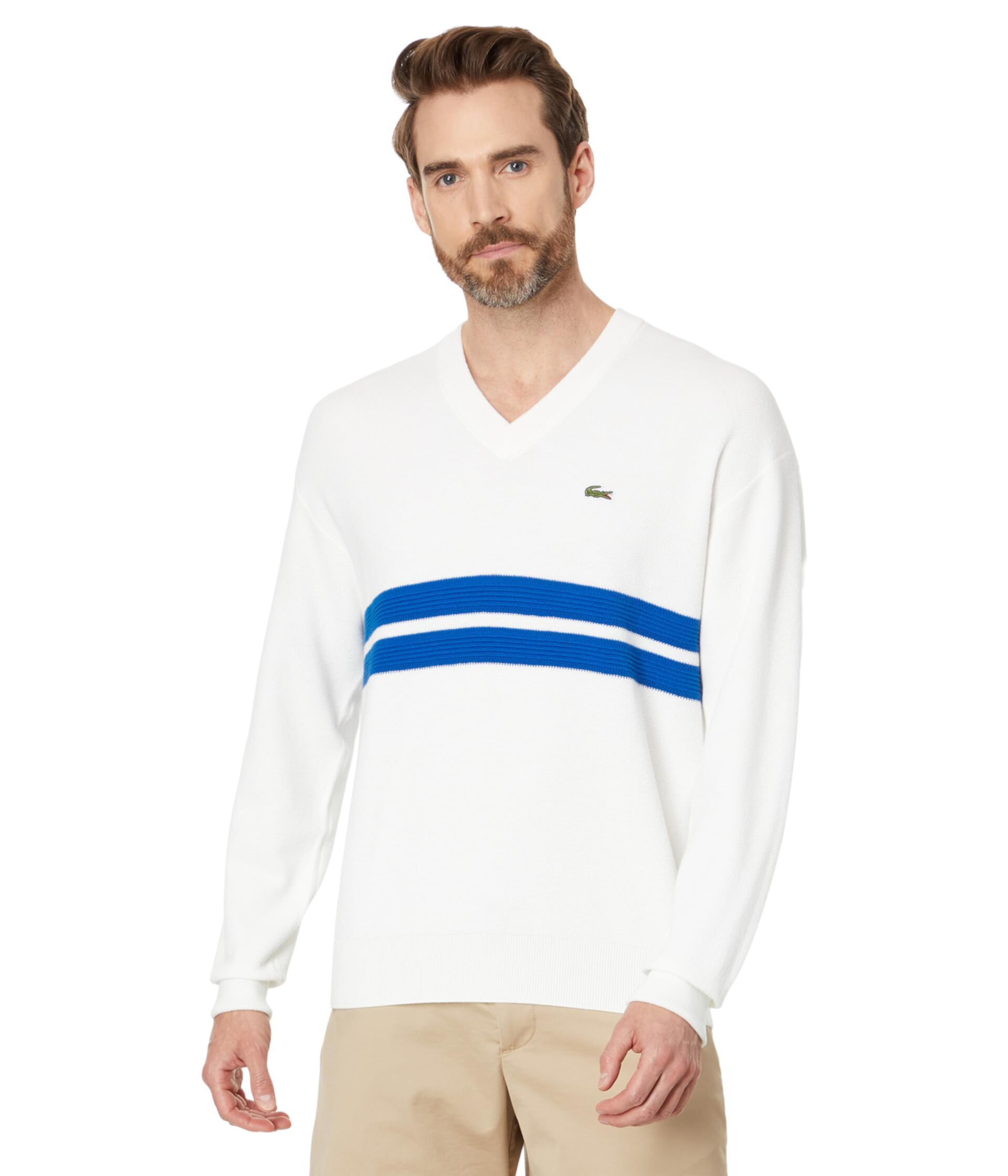 Long Sleeve Relaxed Fit V-Neck Sweater with Stripes Lacoste