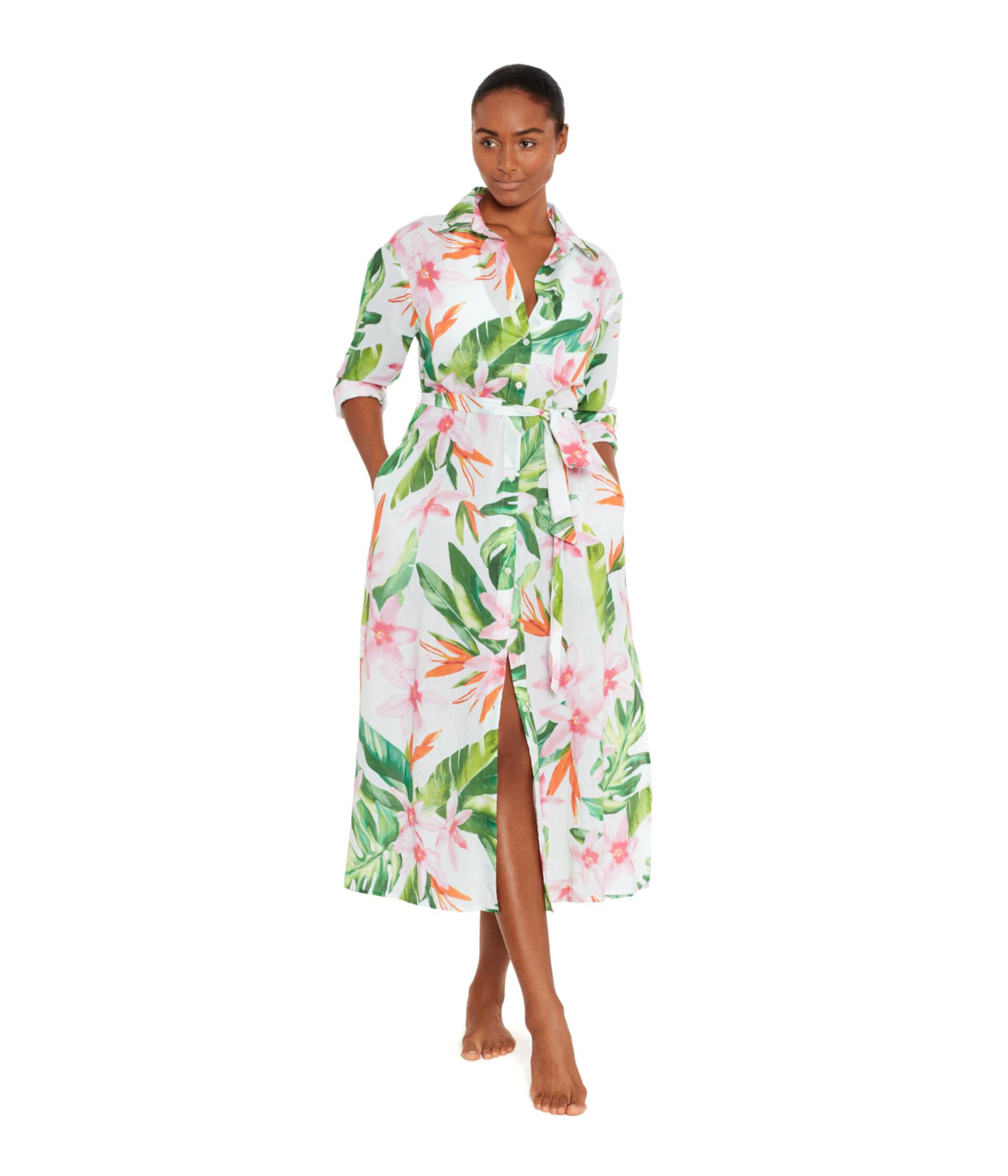 Watercolor Tropical Floral Midi Shirt Dress LAUREN Ralph Lauren