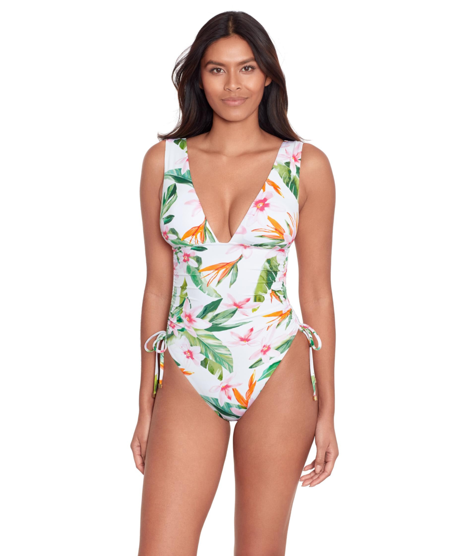 Женский Слитный купальник LAUREN Ralph Lauren Watercolor Tropical Floral Shirred Plunge LAUREN Ralph Lauren