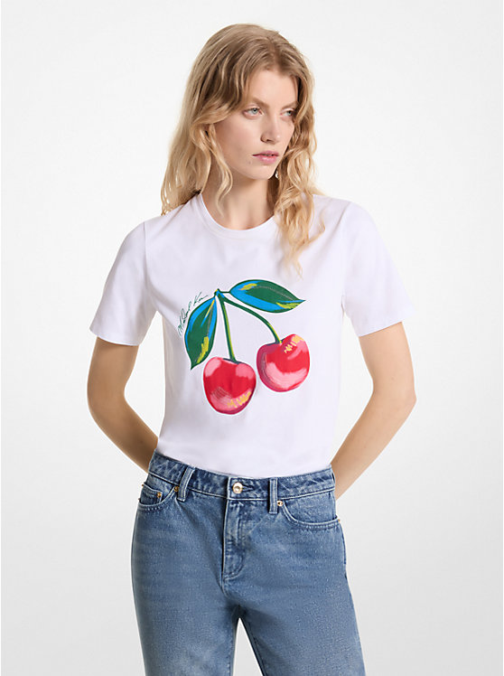 Sequined Cherry Organic Cotton Jersey T-Shirt Michael Kors