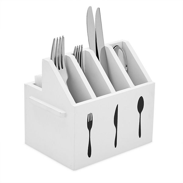 Wooden Utensil Holder, Silverware Caddy for Kitchen (7 x 5.5 x 6.6 In, White) Farmlyn Creek