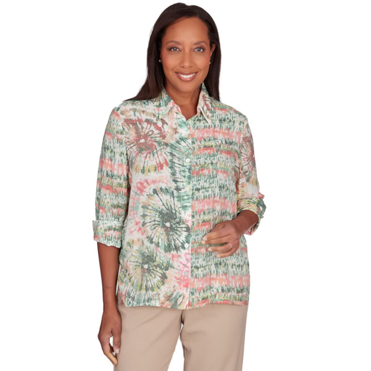 Petite Alfred Dunner Sunset Tie Dye Print Button Down Elbow Sleeve Blouse Top Alfred Dunner