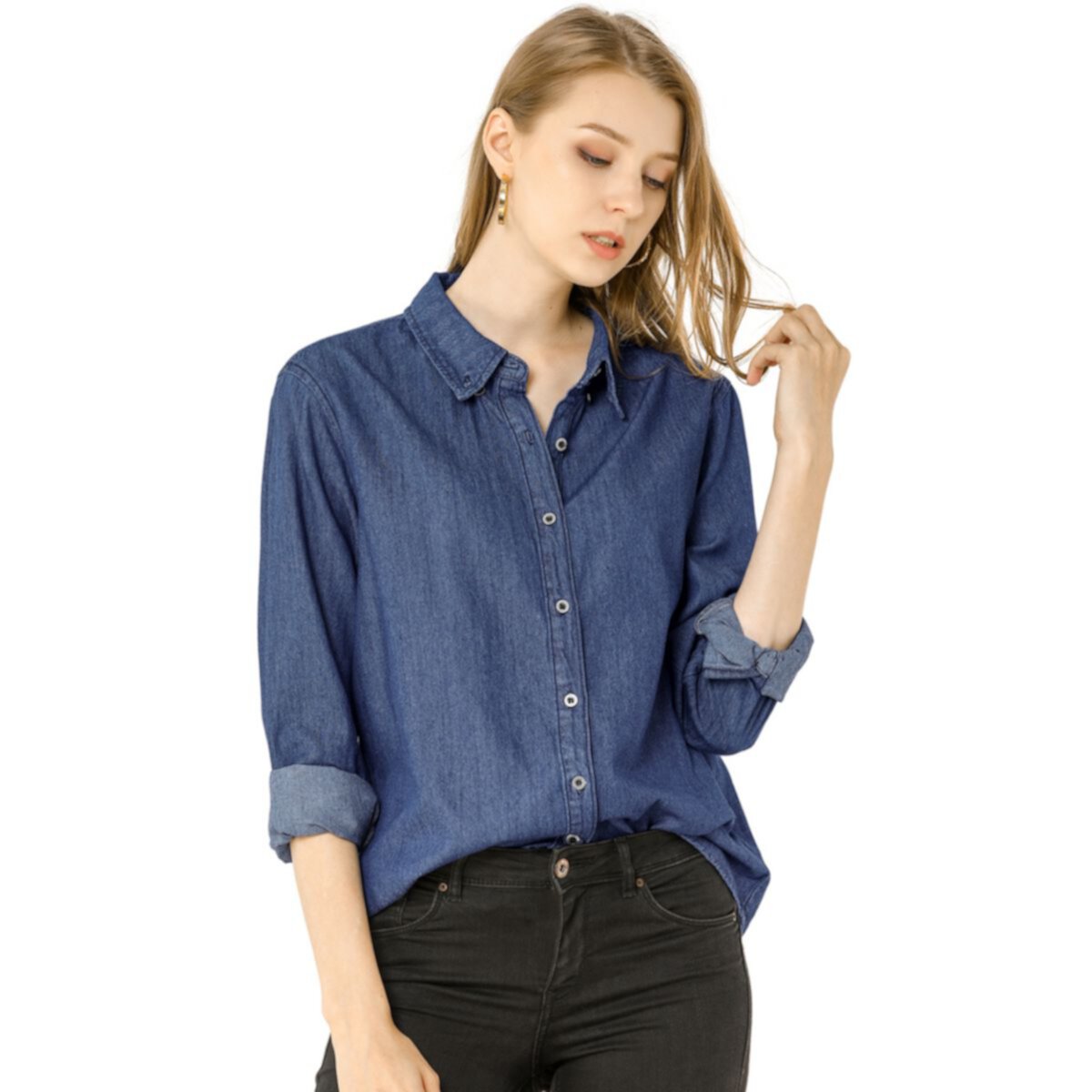 Women's Solid Shirts Long Sleeve Button Down Denim Shirt ALLEGRA K