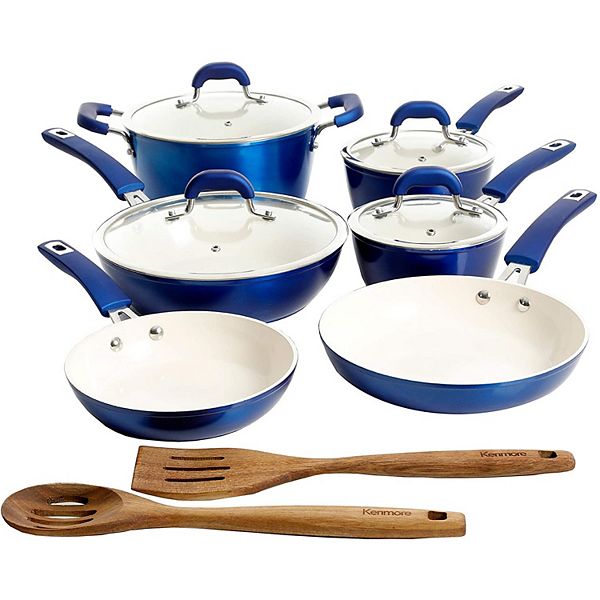 Kenmore Arlington 12 Piece Nonstick Ceramic Cookware and Accessory Set, Blue Kenmore