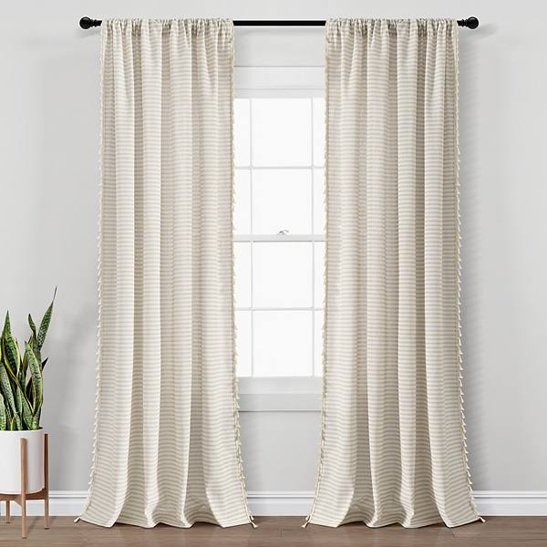 Lush Decor Boho Coastal Horizontal Ticking Stripe Tassel Set of 2 Window Curtain Panels Lush Décor