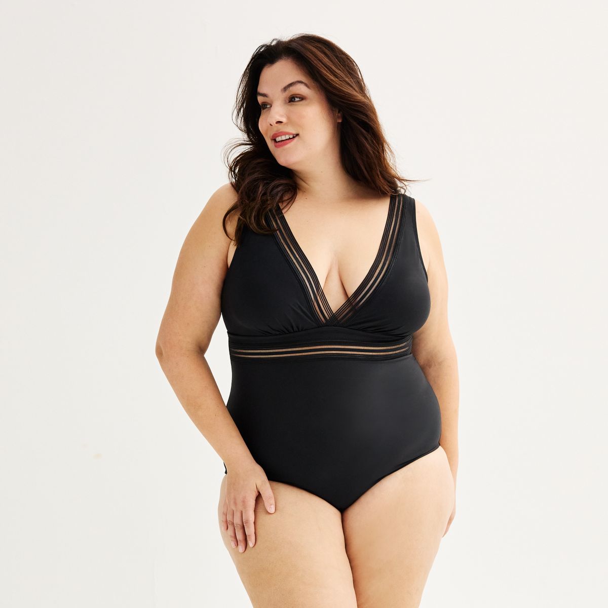 Plus Size Freshwater Mesh Lace Trimmed V-Neck Longline One Piece Swimsuit Freshwater