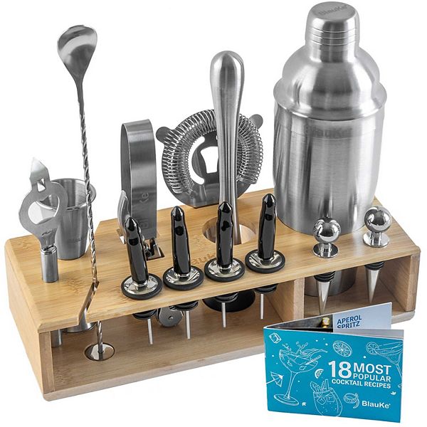 Stainless Steel Cocktail Shaker Set with Stand - 17-Piece Mixology Bartender Kit, Bar Set - 25oz Martini Shaker, Jigger, Strainer, Muddler, Mixing Spoon Blauke