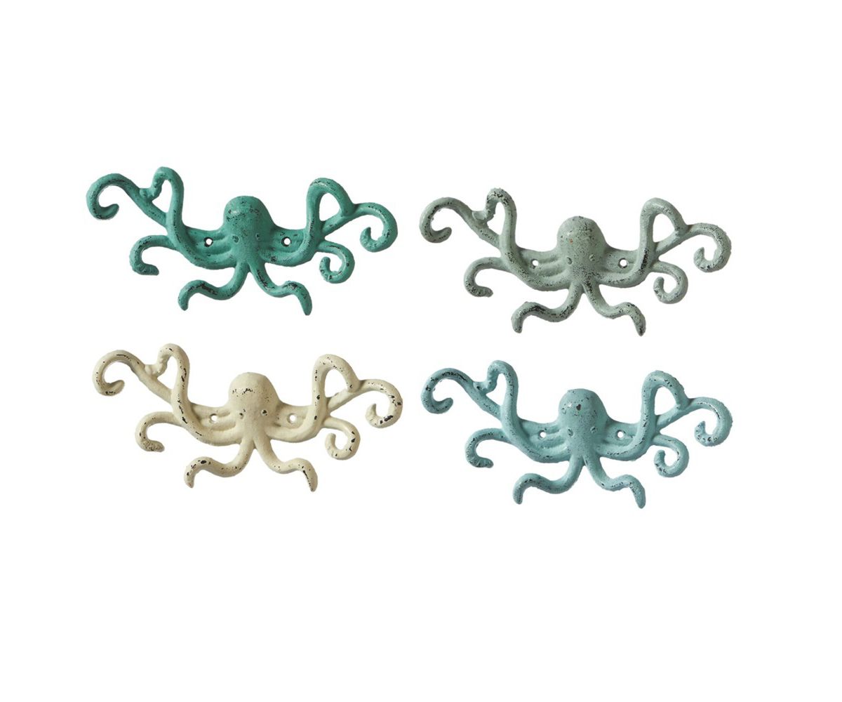 Set of 4 Multi Color Cast Iron Decorative Octopus Shaped Wall Hooks 9.8” Diva At Home