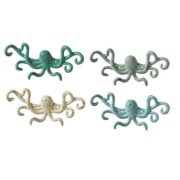 Set of 4 Multi Color Cast Iron Decorative Octopus Shaped Wall Hooks 9.8” Diva At Home