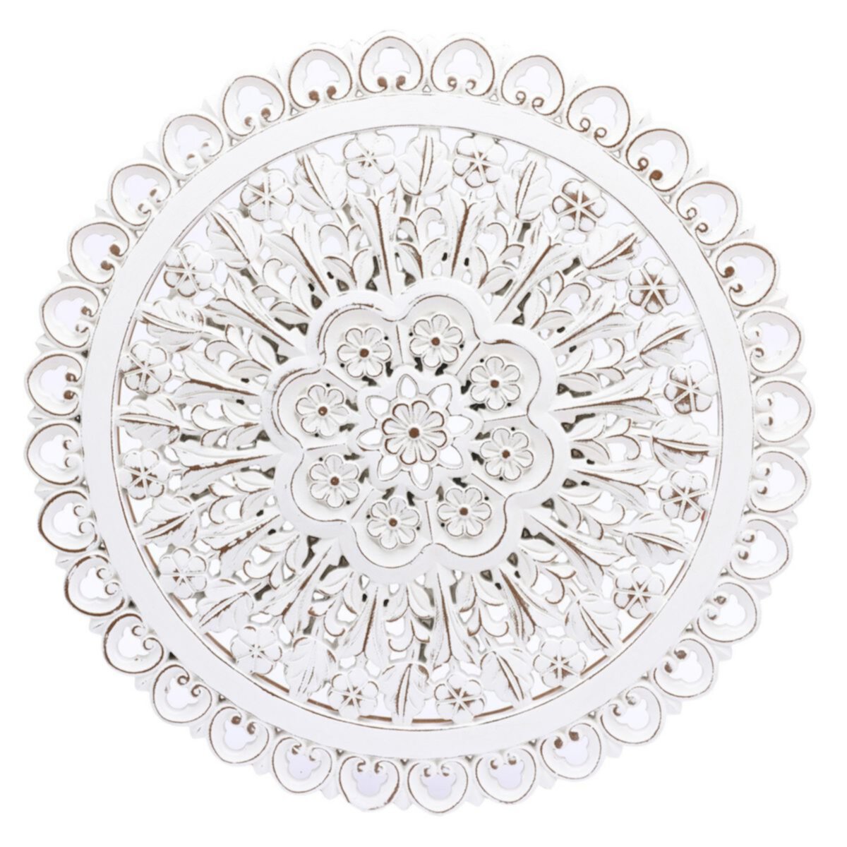LuxenHome White Wood Flower Round Wall Decor Luxen Home