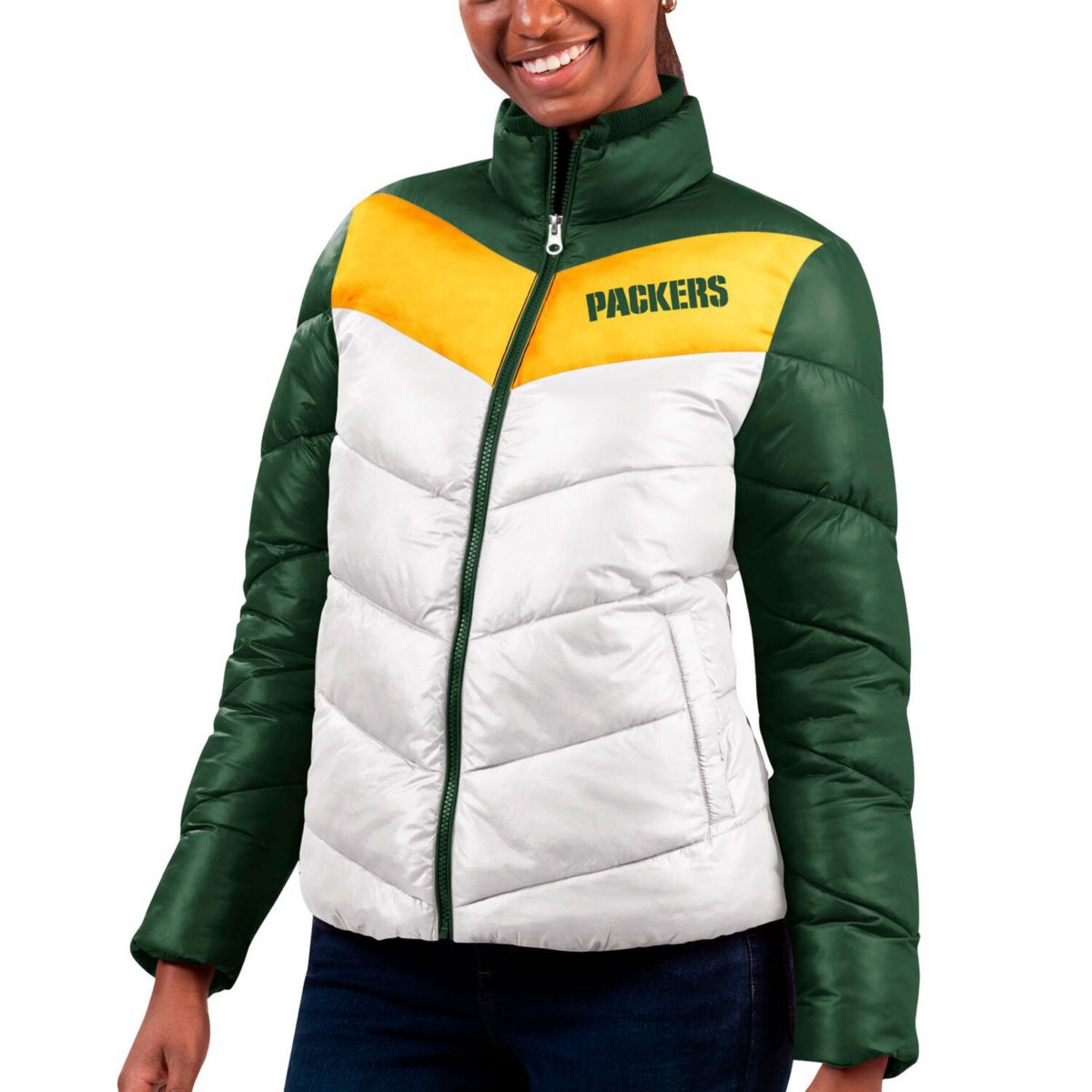 Женская Куртка G-III 4Her by Carl Banks White/Green Green Bay Packers New Star Quilted Full-Zip Jacket In The Style