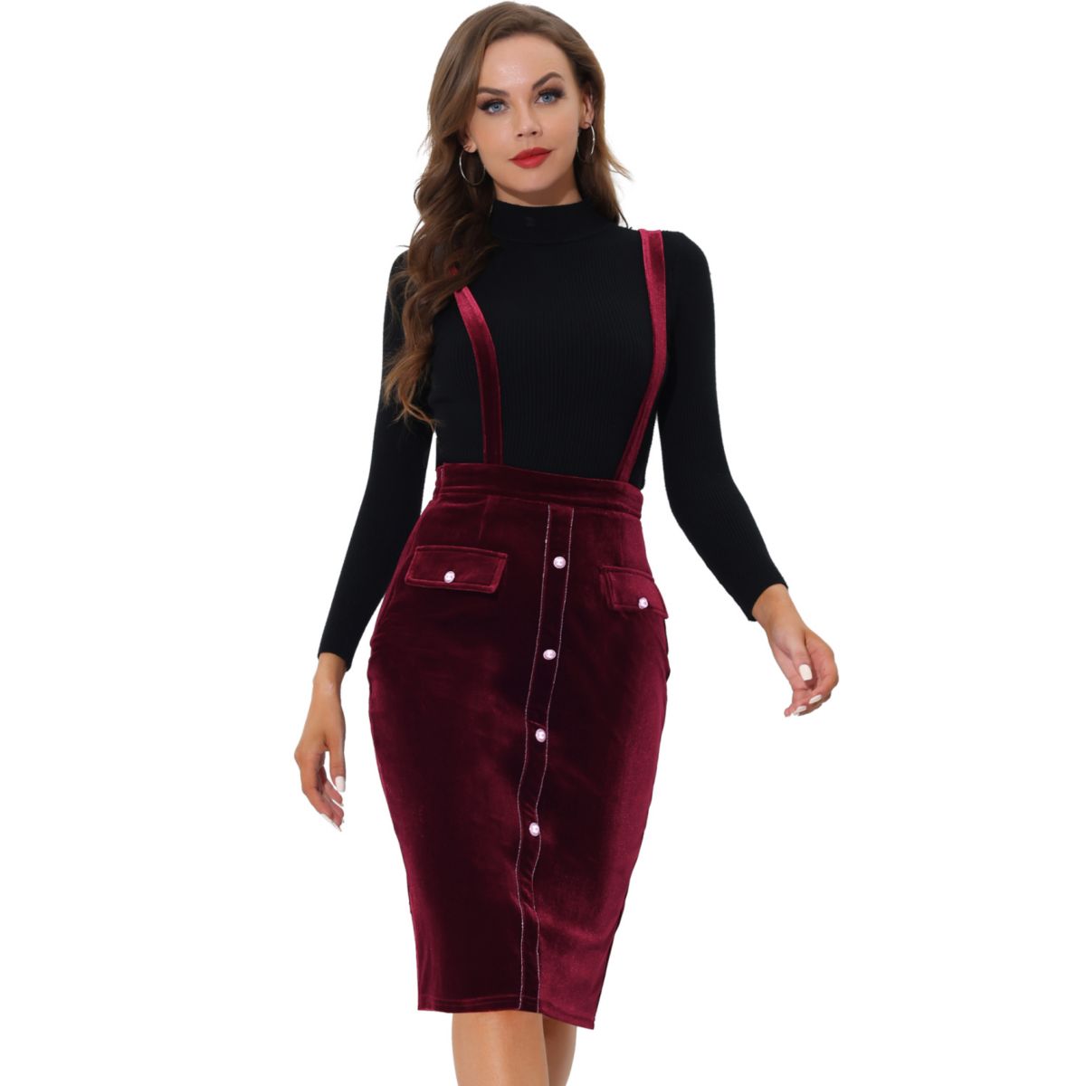 Women's Velvet Button Decor Zip up Side Bodycon Midi Suspender Skirt ALLEGRA K
