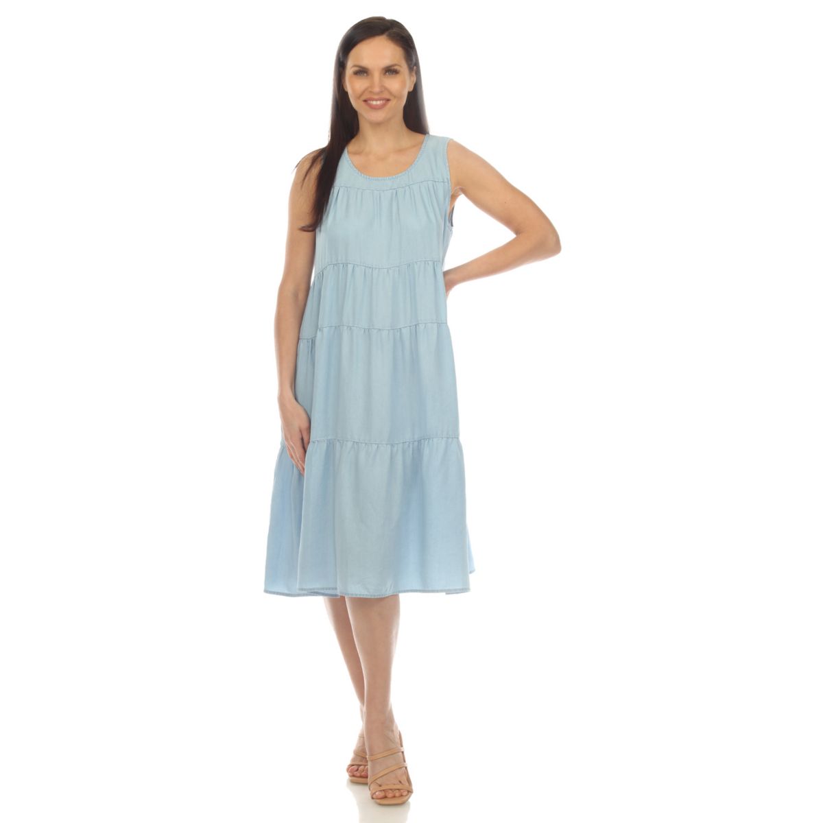 Women's Sleeveless Tiered Chambray Midi Dress WM Fashion