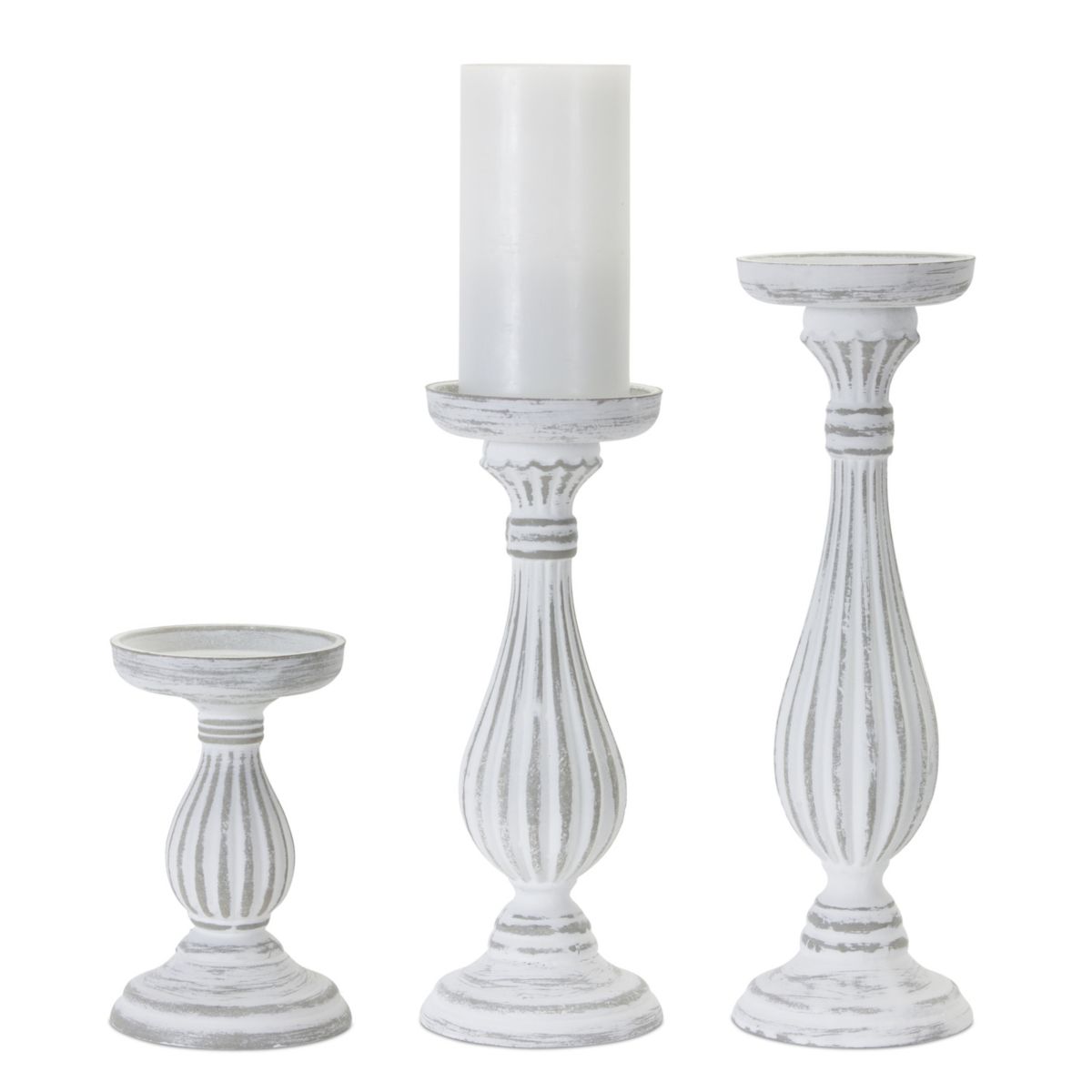 Melrose Traditional White Washed Wooden Candle Holder - Set of 3 Melrose