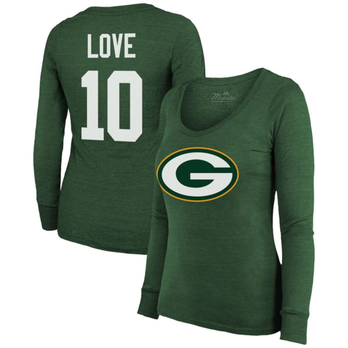 Женская Футболка Majestic Threads Jordan Love Green Bay Packers с Длинным Рукавом Majestic Threads