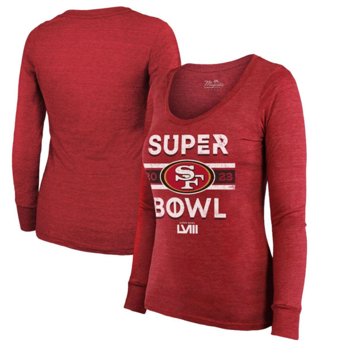 Women's Majestic Threads  Scarlet San Francisco 49ers Super Bowl LVIII Make It Happen Tri-Blend Long Sleeve Scoop Neck T-Shirt Majestic Threads