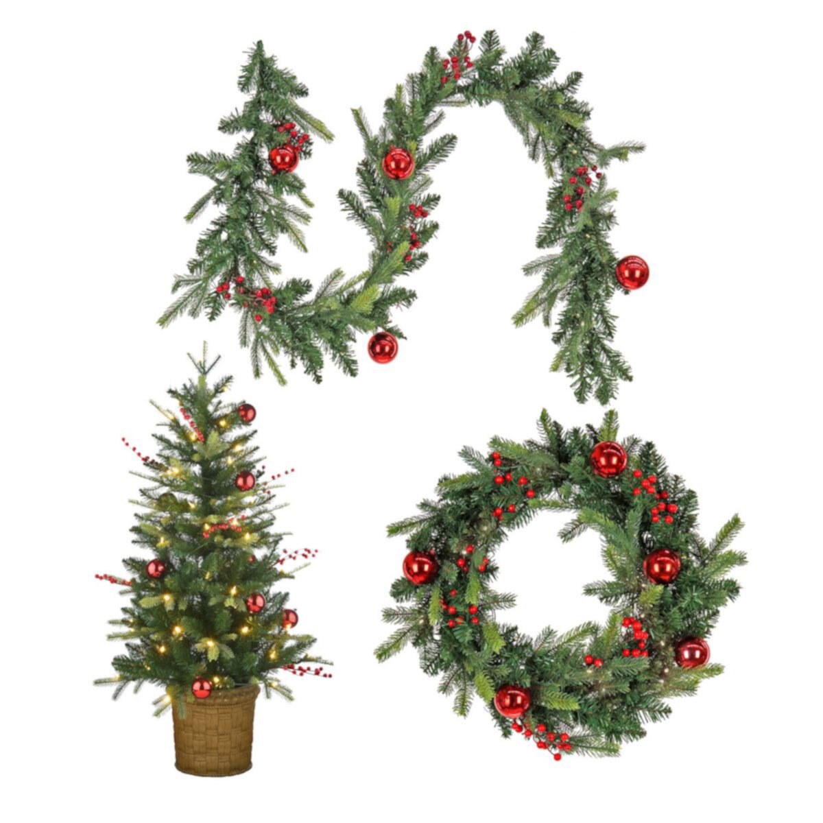 National Tree Company Feel Real® 3-Piece Scotch Creek Faux Fir LED Entrance Tree, Wreath, & Garland Set National Tree Company