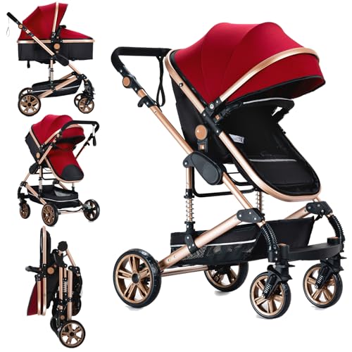 2 in 1 Baby Stroller with Bassinet Reversible Portable Standard Baby Stroller Convertible Pushchair Infant Buggy Baby Carriage Foldable High Landscape Pram for Toddler Newborn (2USV9-BG) Suttonbebe