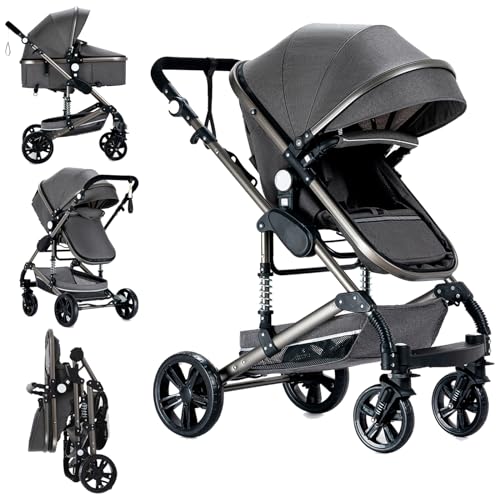 2 in 1 Baby Stroller with Bassinet Reversible Portable Standard Baby Stroller Convertible Pushchair Infant Buggy Baby Carriage Foldable High Landscape Pram for Toddler Newborn (2USV9-BG) Suttonbebe