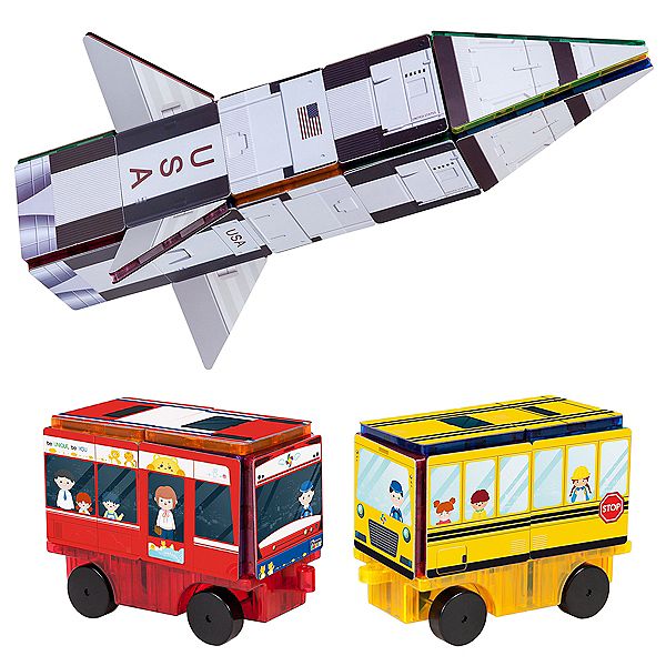 64 Piece 3-in-1  Rocket, School Bus, Train Theme Set PicassoTiles