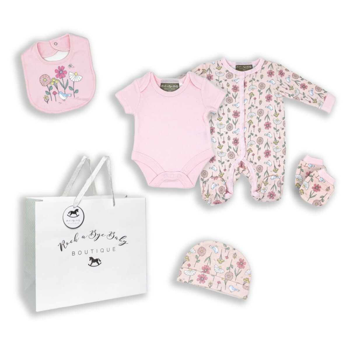 Baby Girls Birdy Floral 5 Pc Layette Gift Set in Mesh Bag Rock A Bye Baby Boutique
