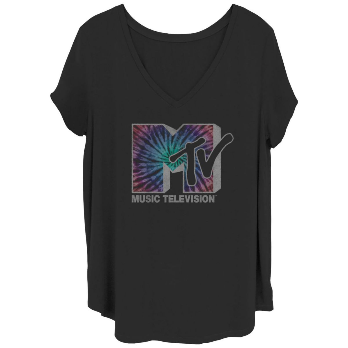 Juniors' Plus Size MTV Dark Tie Dye Print Logo V-Neck Graphic Tee MTV