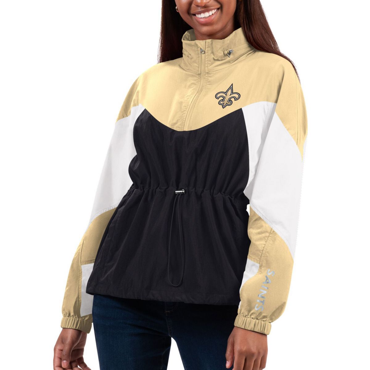 Women's G-III 4Her by Carl Banks Black/Gold New Orleans Saints Tie Breaker Lightweight Quarter-Zip Jacket In The Style