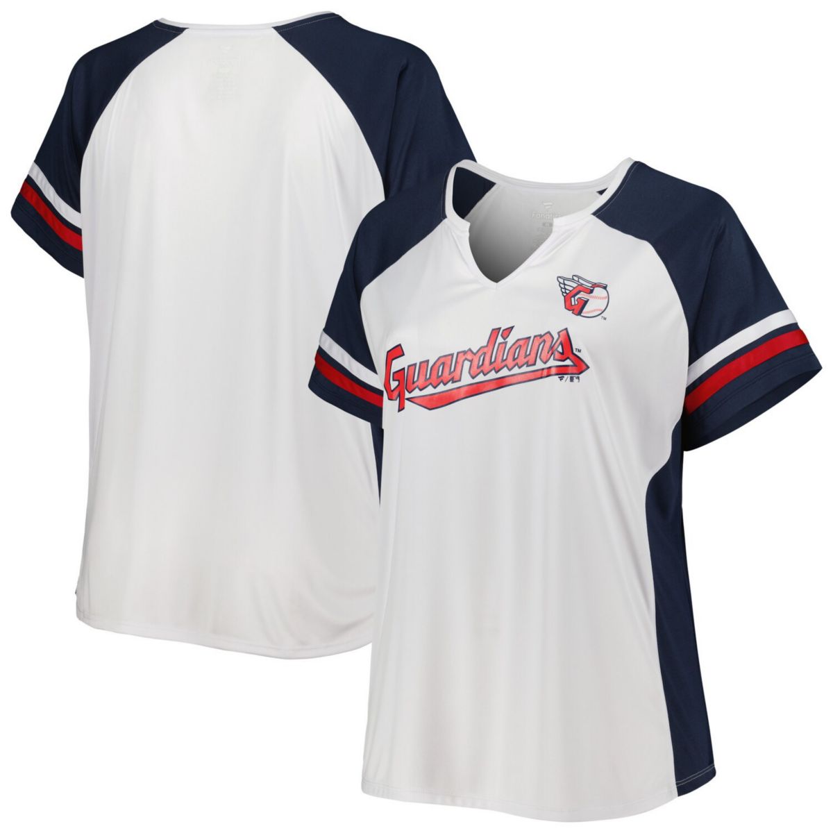 Women's White/Navy Cleveland Guardians Plus Size Notch Neck T-Shirt Profile