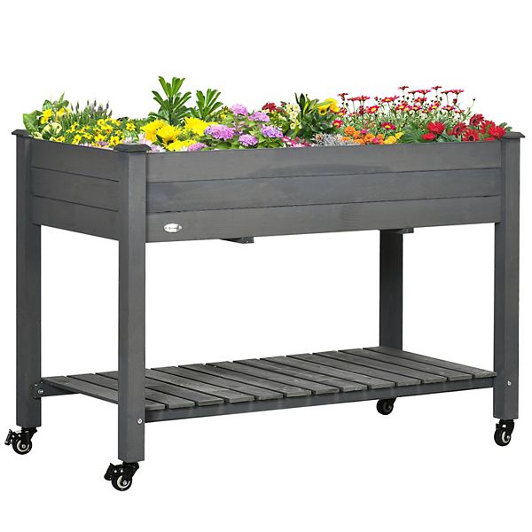 Outsunny 47&#34; x 21&#34; Raised Garden Bed, Elevated Wooden Planter Box w/ Lockable Wheels, Storage Shelf, and Bed Liner for Backyard, Patio, Dark Gray Outsunny