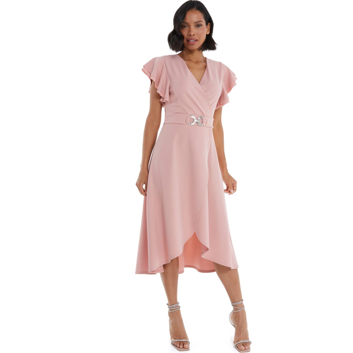 Quiz Women's Frill Sleeve Dip Hem Buckle Wrap Dress Quiz