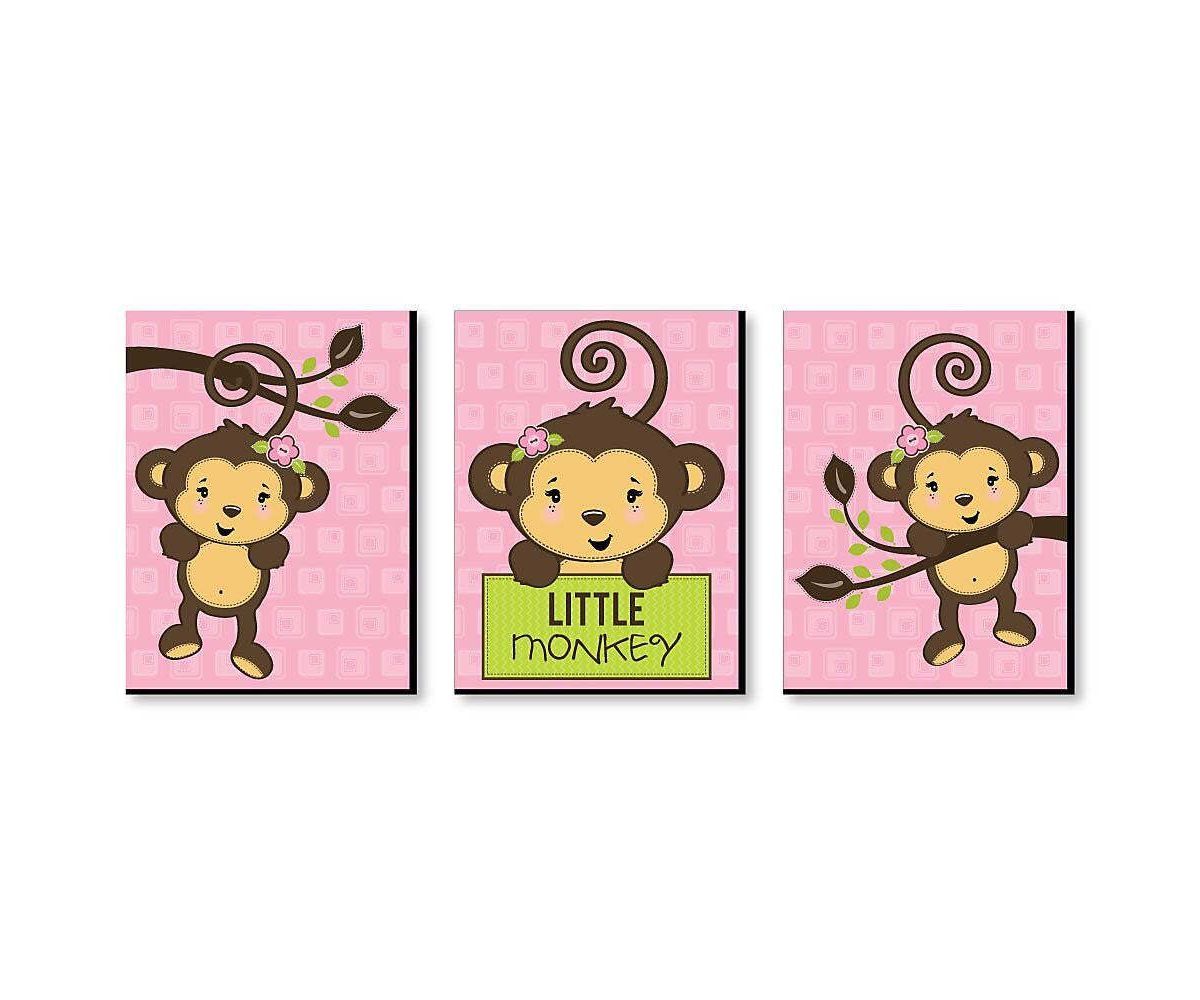 Big Dot of Happiness Pink Monkey Girl - Baby Girl Nursery Wall Art and Kids Room Decorations - Gift Ideas - 7.5 x 10 inches - Set of 3 Prints Big Dot of Happiness