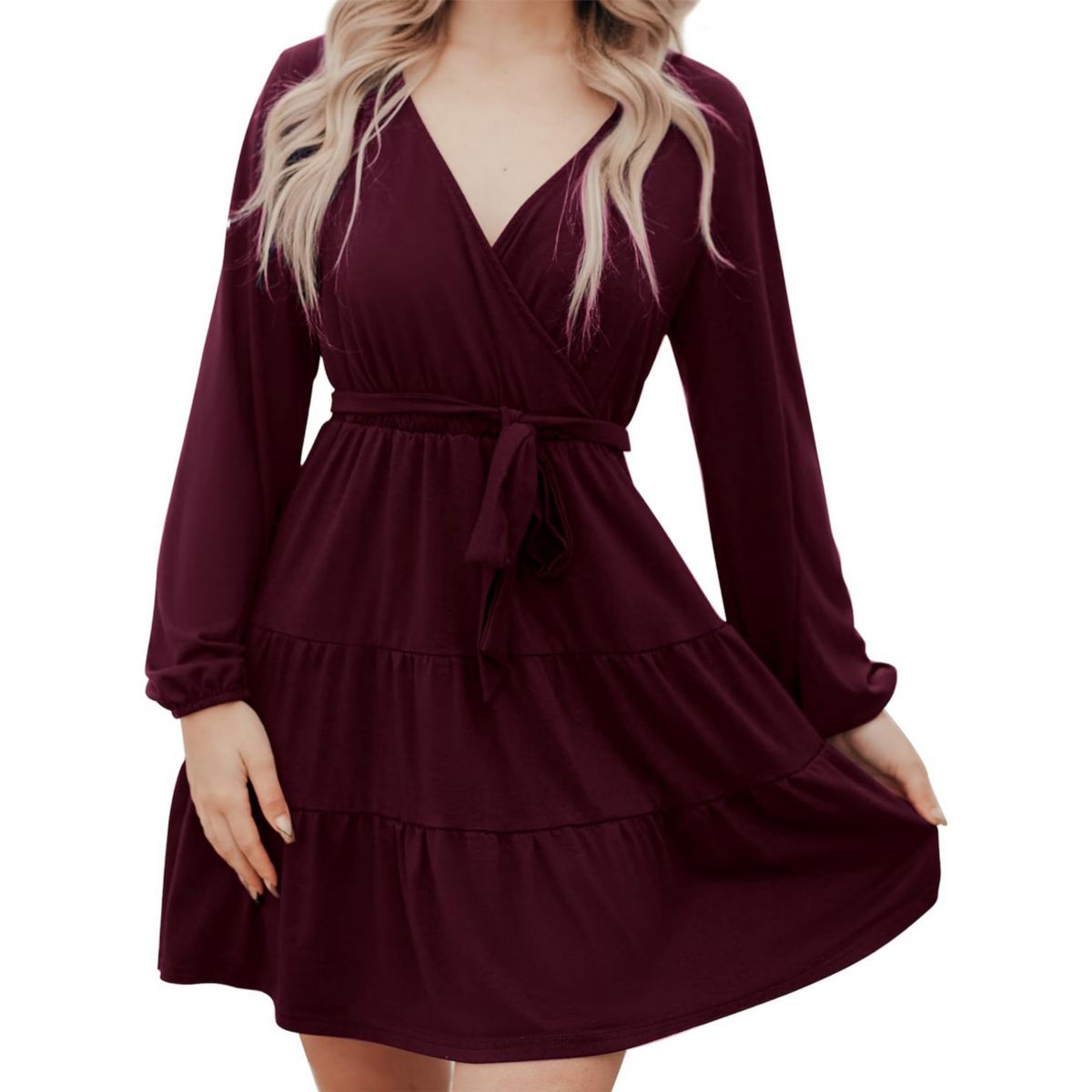 Women's Wrap Fit And Flare Dress Lantern Sleeve Layered Mini Dress Leadingstar