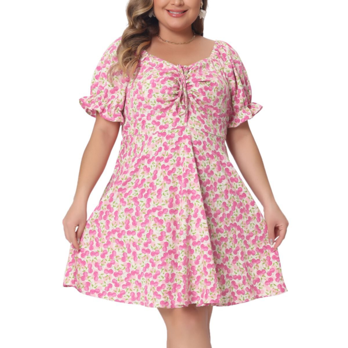 Plus size dress For women summer Sweetheart Neck Puff Short Sleeve Tie Midi Floral Dresses Agnes Orinda