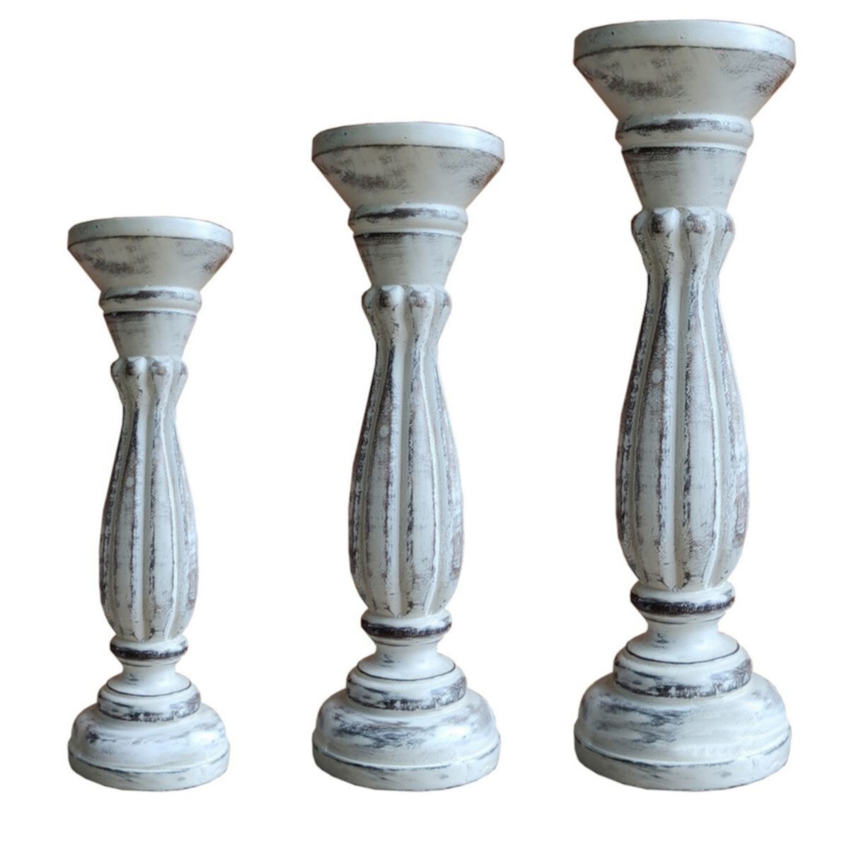 Taki Handmade Wooden Candle Holder With Pillar Base Support, Distressed White, Set Of 3 Benzara