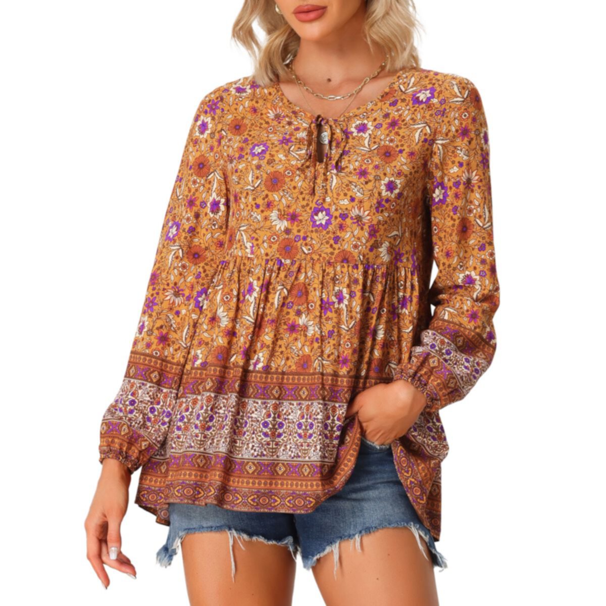 Casual Boho V Neck Top For Women Loose Floral Printed Long Sleeve Beach Tunic Blouses ALLEGRA K