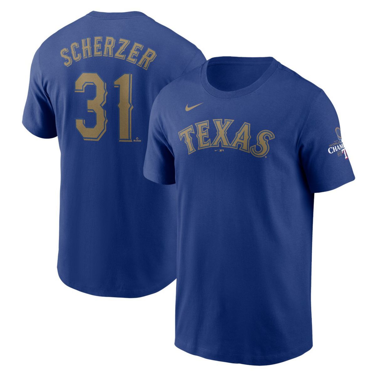 Мужская Футболка Nike Max Scherzer Royal Texas Rangers 2024 Gold Collection Nitro USA