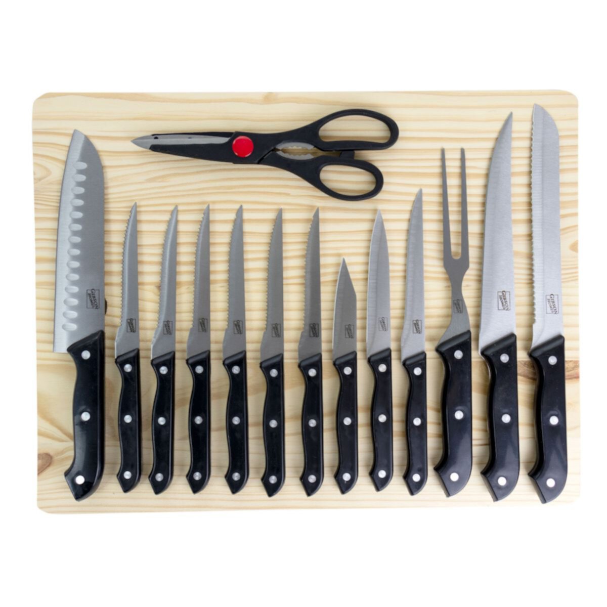 Gibson Home Wildcraft 15 Piece Stainless Steel Cutlery Set with Pine Wood Cutting Board Gibson Home