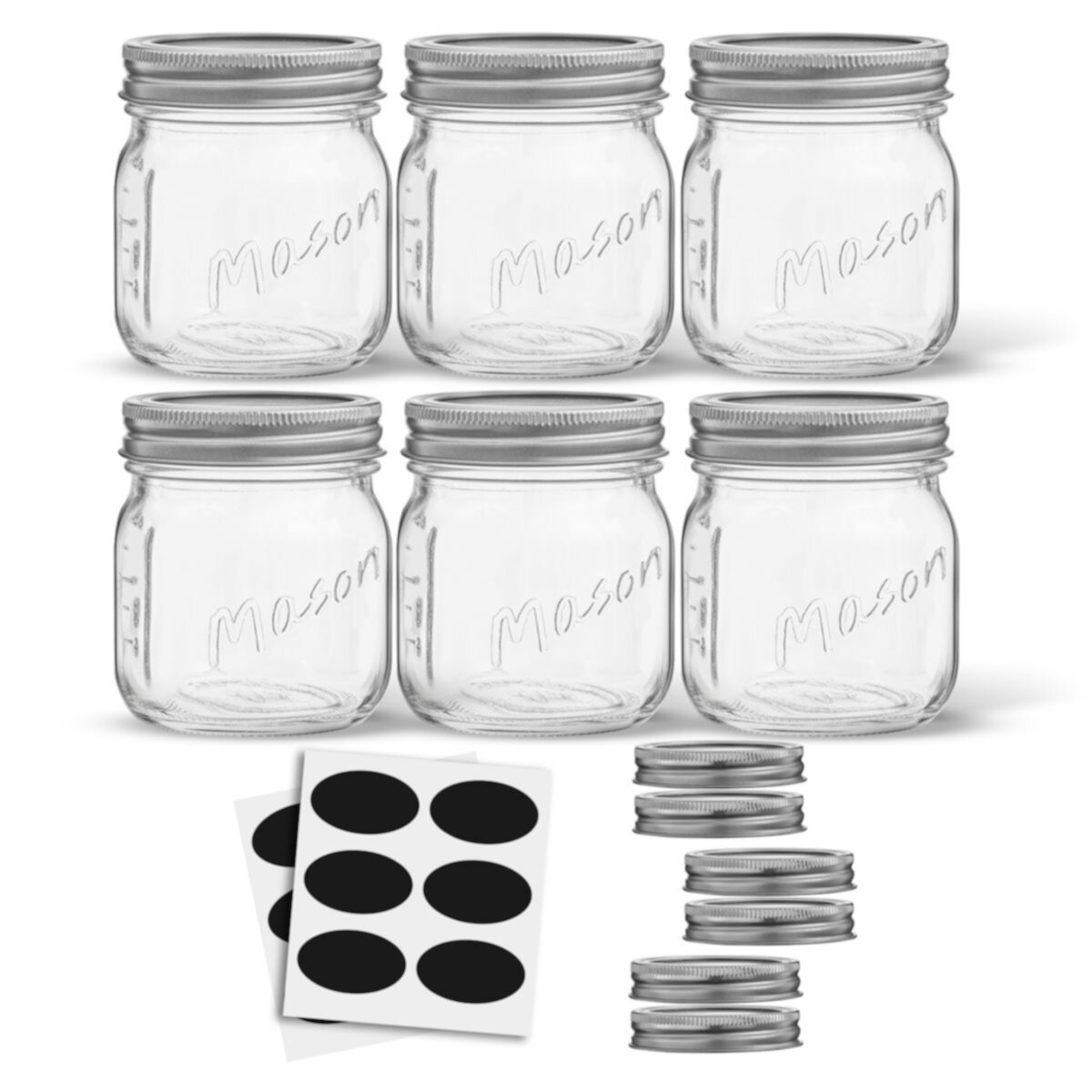 JoyJolt Regular Mason Jar 6-Piece Set with Airtight Lids and Labels JoyJolt