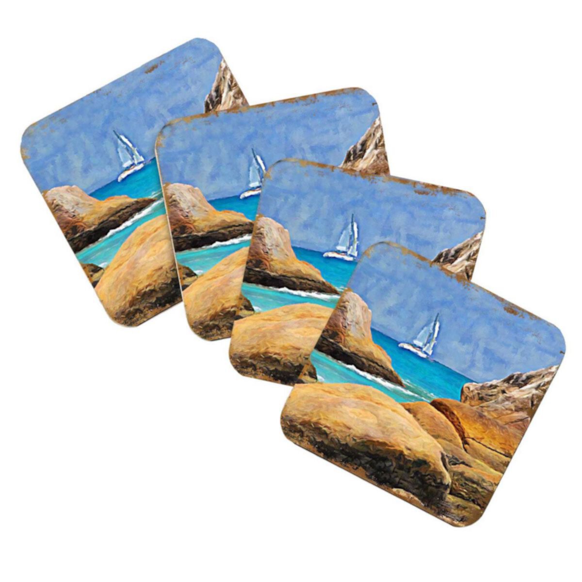 Sailboat Coastal Wooden Cork Coasters Gift Set of 4 by Nature Wonders Nature Wonders