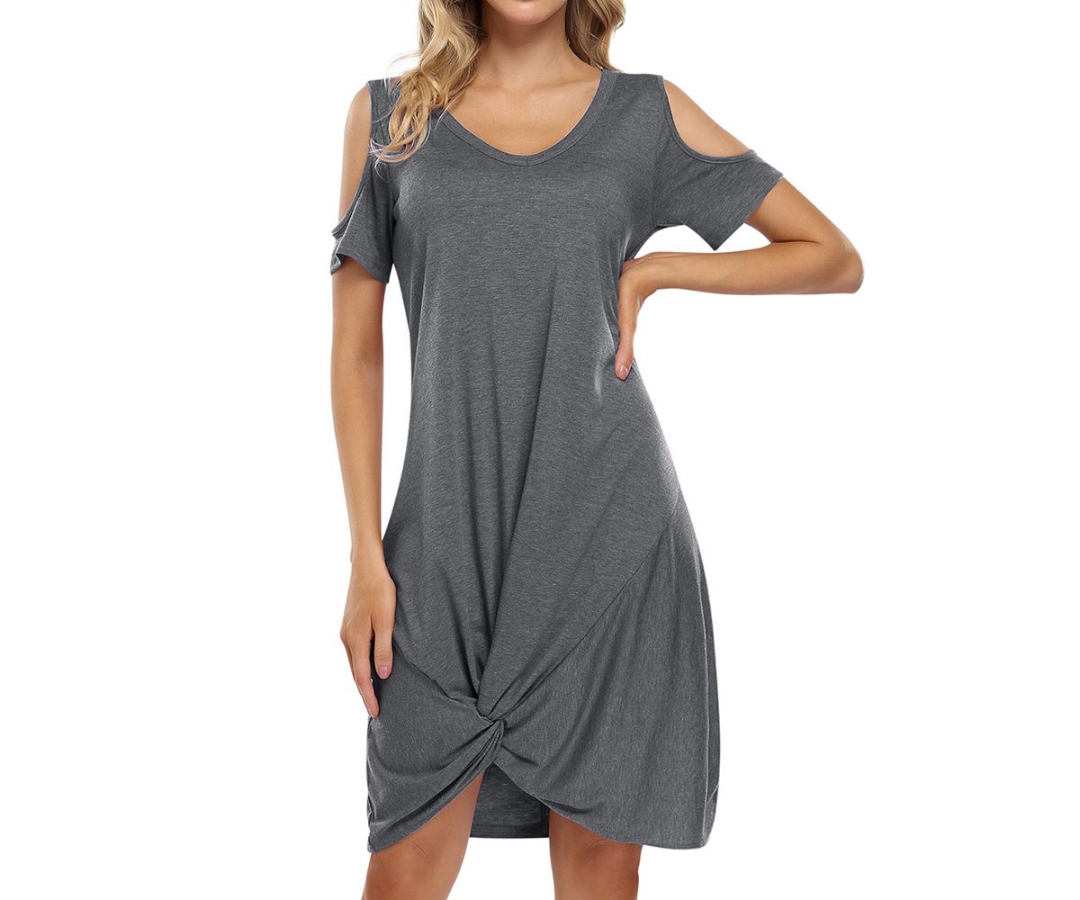 Women V Neck T-shirt Dresses Swing Short Sleeve Cold Shoulder Tunic Twist Knot Midi Shirt Dress MISSKY