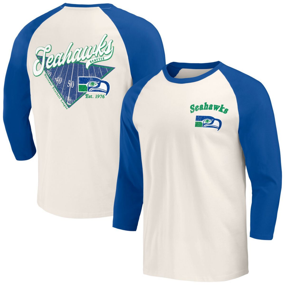 Men's Darius Rucker Collection by Fanatics Royal/White Seattle Seahawks Raglan 3/4 Sleeve T-Shirt Darius Rucker Collection by Fanatics