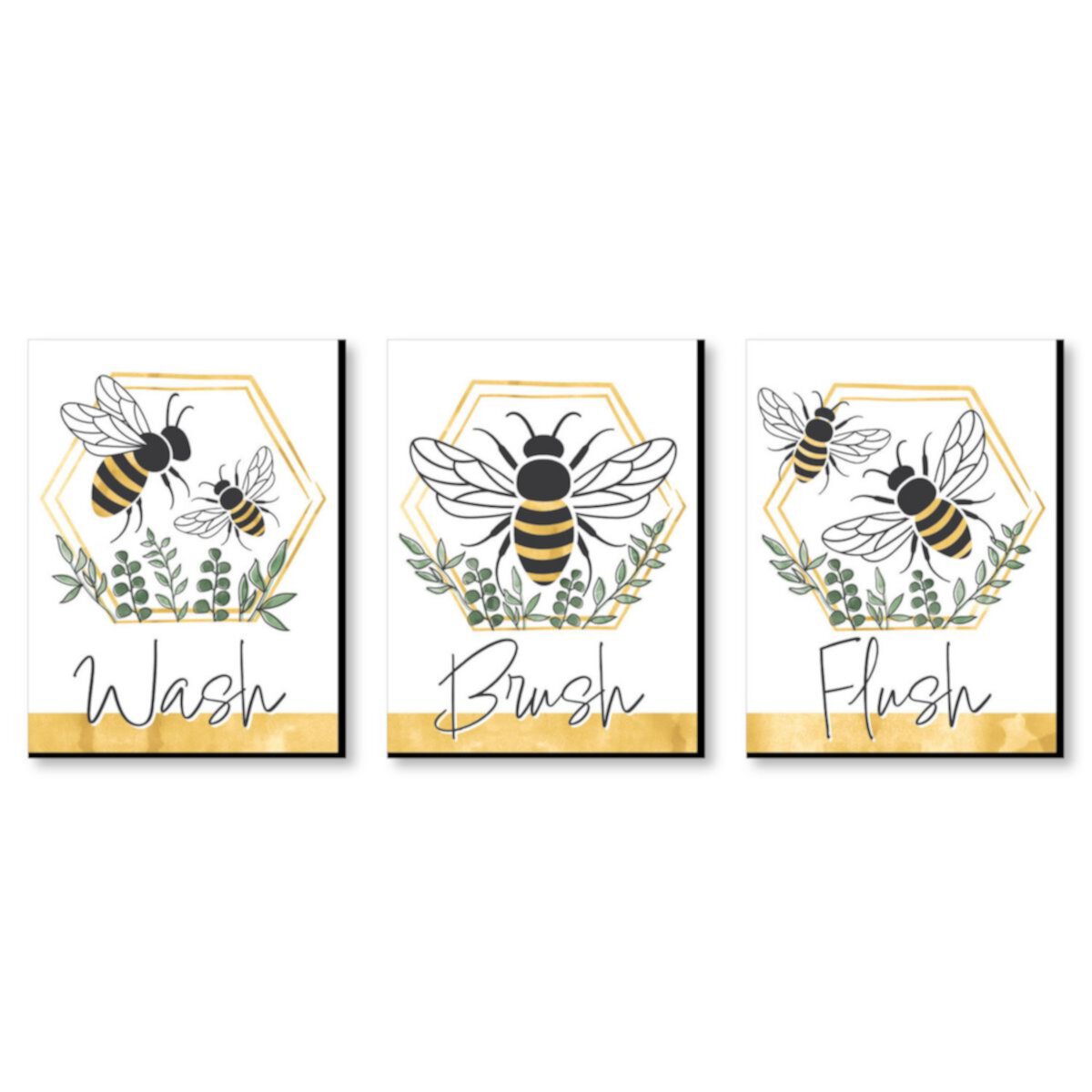Big Dot of Happiness Little Bumblebee - Bee Kids Bathroom Rules Wall Art - 7.5 x 10 inches - Set of 3 Signs - Wash, Brush, Flush Big Dot of Happiness