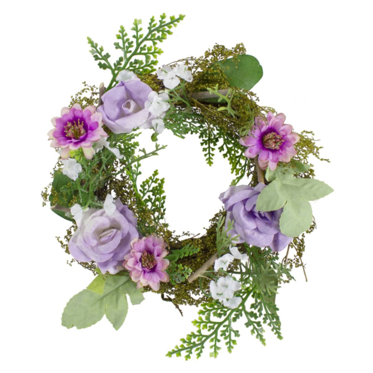 Mini Rose and Foliage Spring Wreath  Pink and Purple 8&#34; Christmas Central