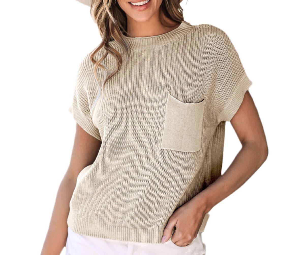 Womens Patch Pocket Short Sleeve Sweater Amaryllis
