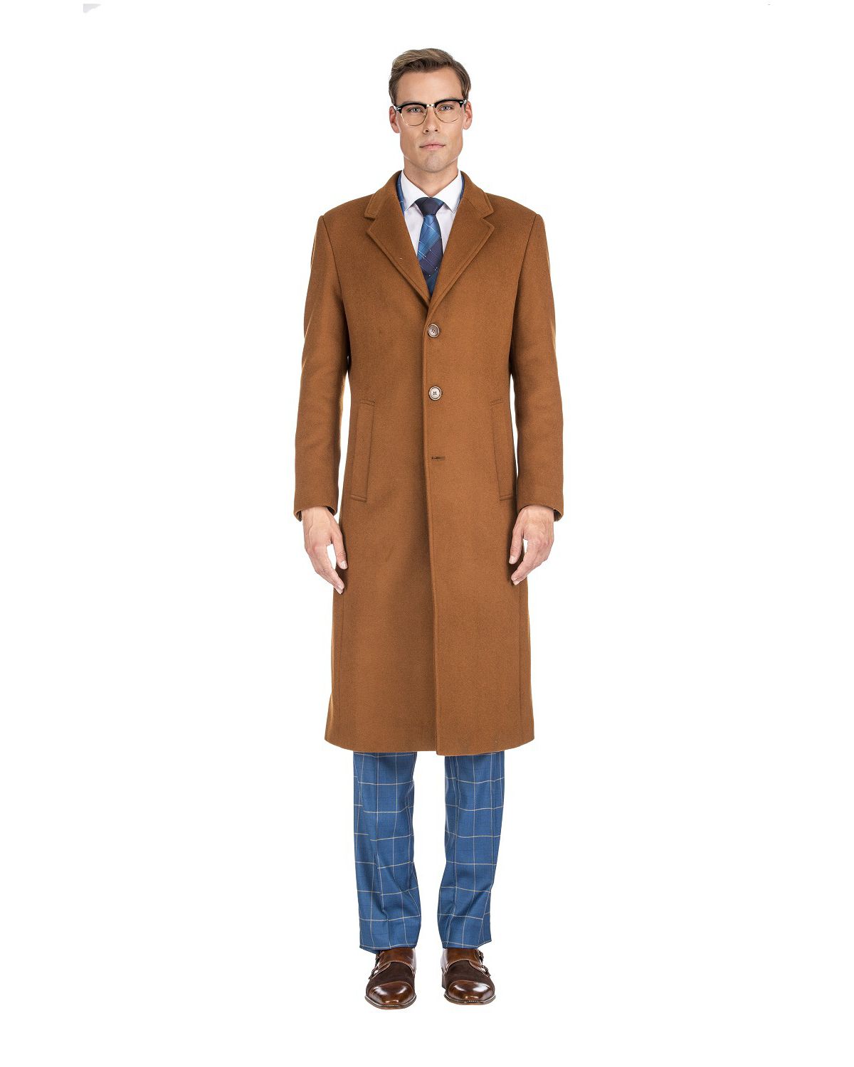Men's Knee Length Wool Blend Three Button Long Jacket Overcoat Top Coat Braveman